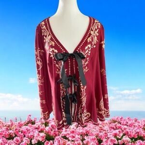 SHEIN Burgundy Floral Tunic with Black Ribbon